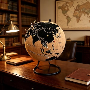 May include: A cork globe with black continents and a light brown ocean. Gold and silver pins mark locations. The globe sits on a black metal stand. The words "INDIAN OCEAN" are printed on the globe.