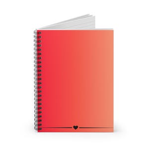 May include: A spiral-bound notebook with a red-orange gradient cover. The notebook is open, revealing lined white pages. A black heart graphic is at the bottom of the cover. Ideal for writing and note-taking, the notebook is a stationery item.