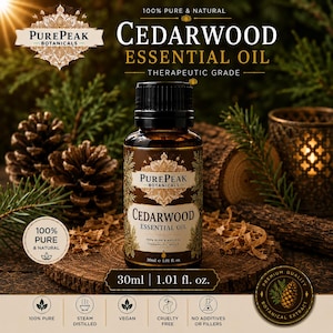 Puede incluir: Una botella de vidrio marrón de aceite esencial de madera de cedro, 30 ml, con tapa negra. La etiqueta dice "PurePeak Botanicals" y "100% Pure & Natural". La imagen incluye piñas y vegetación.