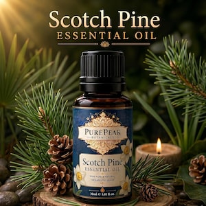 Könnte beinhalten: Eine dunkelbraune Glasflasche mit ätherischem Kiefernöl von PurePeak Botanicals und schwarzem Verschluss. Das Etikett hat einen blauen Hintergrund, goldene florale Akzente und den Text Scotch Pine Essential Oil 30ml 1.01 fl. oz.