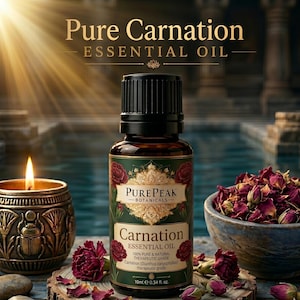 Puede incluir: Un frasco de vidrio marrón de aceite esencial de clavel Pure Peak Botanicals con tapa negra. La etiqueta presenta detalles en verde oscuro, ilustraciones de claveles rojos y texto dorado. El frasco contiene 10 ml de líquido.