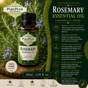 Może przedstawiać: Brązowa szklana butelka olejku eterycznego z rozmarynu, 30 ml, z czarną zakrętką. Etykieta głosi "PurePeak Botanicals" i "Rosemary Essential Oil". Tło przedstawia zielone liście i tekst.