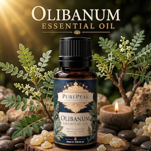 Op de afbeelding: Een 30ml amberkleurige glazen fles met Olibanum etherische olie van PurePeak Botanicals met een zwarte dop. Het etiket heeft een blauwe achtergrond, een gouden mandala-ontwerp en de tekst Olibanum Essential Oil 100% Pure & Natural Therapeutic Grade.