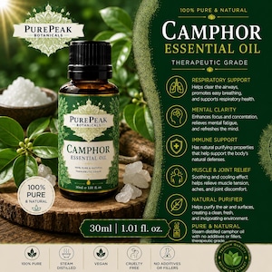 May include: A brown glass bottle of Camphor Essential Oil, 1.01 fl oz, with a black cap, sits on a wooden surface. The label reads "PurePeak Botanicals" and "Therapeutic Grade." The image includes text about respiratory support, mental clarity, and immune support.