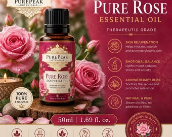 Pure Rose Essential Oil, 100% Natural Undiluted Therapeutic Grade for Aromatherapy