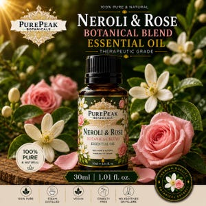 May include: A 30ml bottle of PurePeak Botanicals Neroli & Rose essential oil. The label features floral illustrations of white neroli blossoms and pink roses. Text includes 100% Pure & Natural, Botanical Blend, Therapeutic Grade, and 1.01 fl. oz.