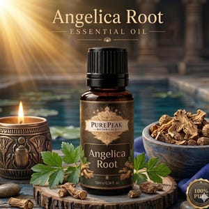 Puede incluir: Un frasco de vidrio ámbar de 10 ml de aceite esencial de raíz de angélica PurePeak Botanicals con tapa negra. La etiqueta muestra el texto Angelica Root y 10 ml 0,34 fl. oz. El frasco está rodeado de hojas verdes y raíces secas.
