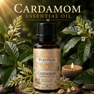 Op de afbeelding: Een bruine glazen fles met PurePeak Botanicals kardemom etherische olie en een zwarte dop. Het etiket bevat gouden bloemmotieven, de tekst 'CARDAMOM ESSENTIAL OIL', 'THERAPEUTIC GRADE', '100% PURE & NATURAL' en '30ml e 1.01 fl oz'.