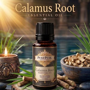 Puede incluir: Un frasco de vidrio marrón de aceite esencial de raíz de cálamo PurePeak Botanicalz con tapa negra. La etiqueta presenta el texto Calamus Root Essential Oil, 100% Pure & Natural Therapeutic Grade, Acorus calamus y 30ml 1.02 fl. oz.