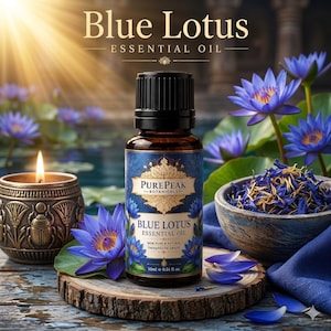May include: A 10ml bottle of PurePeak Botanicals Blue Lotus essential oil with a black cap, featuring a blue label with gold text and lotus illustrations, sitting on a wooden slice next to a bowl of dried petals and a bronze candle holder.