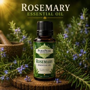 Puede incluir: Una botella de vidrio ámbar oscuro de Aceite Esencial de Romero, etiquetada como "PurePeak Botanicals". La etiqueta es verde y blanca, con las palabras "Rosemary Essential Oil". La botella está sobre una superficie de madera, rodeada de ramitas de romero y flores moradas. La botella contiene 30 ml.