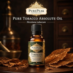 May include: A small amber glass bottle of PurePeak Botanicals Tobacco Absolute Oil with a black cap. The label features gold text, a green background, and the text PurePeak Botanicals, Tobacco Absolute Oil, 100% Pure, Undiluted & Therapeutic Grade, Nicotiana tabacum, 30ml e 1.01 fl. oz.