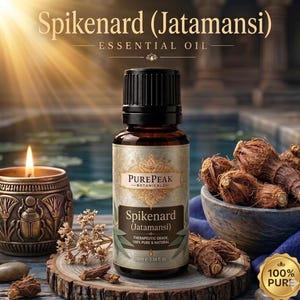 Może przedstawiać: Butelka 10 ml olejku eterycznego PurePeak Botanical Spikenard Jatamansi z czarną nakrętką. Etykieta zawiera tekst Spikenard (Jatamansi), Therapeutic Grade, 100% Pure & Natural oraz 10ml 0.34 fl. oz. Butelka stoi na drewnianym plastrze.