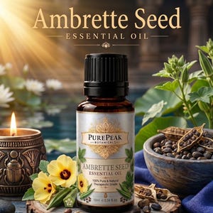 Puede incluir: Un frasco de vidrio marrón de aceite esencial de semillas de ambreta PurePeak Botanical con tapa negra. La etiqueta muestra el texto Ambrette Seed Essential Oil, 100% Pure & Natural Therapeutic Grade, y 10ml 0.34 fl. oz. con flores amarillas.
