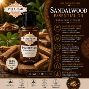 May include: A brown glass bottle of Sandalwood Essential Oil, 1.01 fl oz, with a black cap, sits on a wooden surface with sandalwood sticks. The label reads "PurePeak Botanicals" and "100% Pure & Natural". The bottle is 30ml.