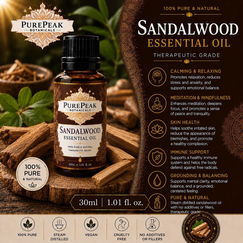 May include: A brown glass bottle of Sandalwood Essential Oil, 1.01 fl oz, with a black cap, sits on a wooden surface with sandalwood sticks. The label reads "PurePeak Botanicals" and "100% Pure & Natural". The bottle is 30ml.
