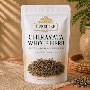 May include: A white stand-up pouch containing Chirayata whole herb. The label features the text PurePeak Botanicals, Chirayata Whole Herb, Dried Indian Gentian Botanical Herb, Natural Dried Botanical Herb, and Net Wt. 100 g (3.5 oz).