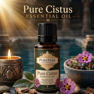 May include: A brown glass bottle of Pure Peak Botanicals Pure Cistus Essential Oil with a black cap. The label features the text Pure Cistus Essential Oil, 100% Pure & Natural, Therapeutic Grade, Cistus ladanifer, 10ml 0.34 fl. oz.
