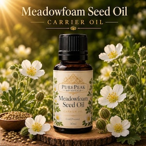Op de afbeelding: Een donker amberkleurige glazen fles met PurePeak Botanicals moerasbloemzaadolie en een zwarte dop. Het etiket bevat de tekst Meadowfoam Seed Oil, Carrier Oil, Cold Pressed en 30ml. De fles staat op een houten schijf met witte bloemen.