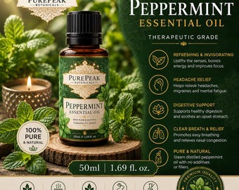 100% Pure Peppermint Essential Oil - Stimulating for Hair, Scalp Massage & Skin Care (10ml - 1 Liter)
