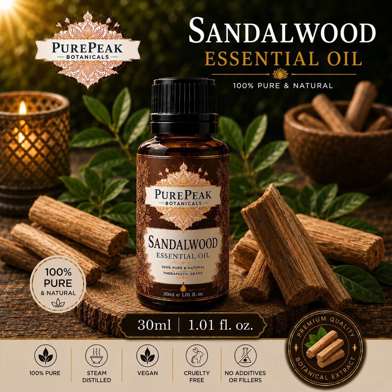 May include: A brown bottle of Sandalwood Essential Oil with a black cap, surrounded by sandalwood sticks and green leaves. The label reads "PurePeak Botanicals" and "100% Pure & Natural". The bottle contains 1.01 fl. oz. of oil.