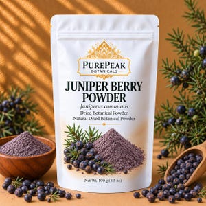 May include: A white stand-up pouch of PurePeak Botanicals Juniper Berry Powder. The label features the text Juniper Berry Powder, Juniperus communis, and Net Wt. 100 g (3.5 oz). The pouch displays a pile of purple powder and juniper berries.