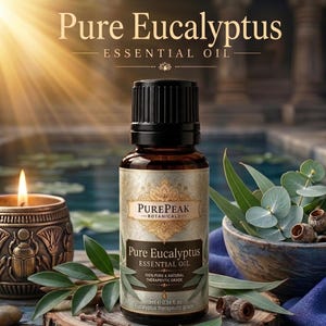 May include: A brown glass bottle of PurePeak Botanicals Pure Eucalyptus Essential Oil with a black cap. The label features the text PurePeak Botanicals, Pure Eucalyptus Essential Oil, 100% Pure & Natural Therapeutic Grade, and 10ml 0.34 fl. oz.