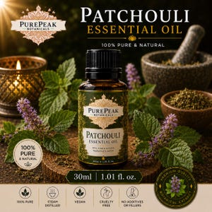 May include: A bottle of Patchouli Essential Oil from PurePeak Botanicals. The amber-colored glass bottle has a black cap and a decorative label. The image includes text that reads "100% Pure & Natural" and "30ml 1.01 fl. oz.".
