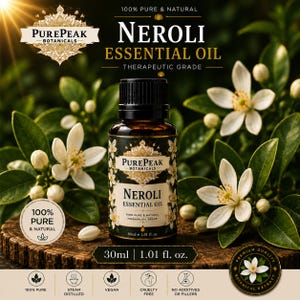 May include: A brown glass bottle of Neroli essential oil with a black cap, surrounded by white flowers and green leaves. The label reads "PurePeak Botanicals" and "Neroli Essential Oil". The bottle contains 30ml / 1.01 fl. oz.