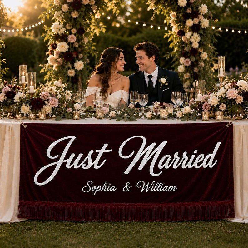Custom Velvet Wedding Banner Just Married Head Table Sign custom-velvet-wedding-banner-just-married-head-table-sign