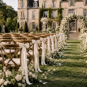 Peut inclure: Des rangées de chaises en bois à dossier croisé avec des coussins blancs disposées sur une pelouse. Chaque chaise est ornée d'un ruban de satin blanc noué en nœud. Une grande arche florale blanche se dresse devant une façade en pierre.