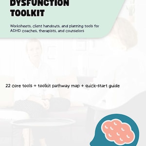 Op de afbeelding: Een digitaal document getiteld Adult ADHD Executive Dysfunction Toolkit, met werkbladen, hand-outs en planningstools voor coaches en therapeuten. Het bevat 22 kerntools, een routekaart, een snelstartgids en een blauw icoon van een brein.