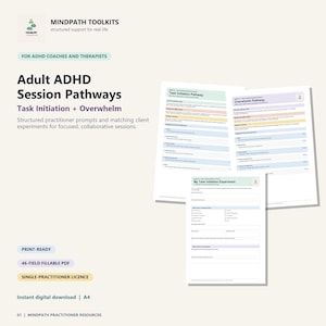 May include: A digital resource titled Adult ADHD Session Pathways featuring Task Initiation and Overwhelm modules. The document includes structured practitioner prompts, client experiments, and a fillable My Task Initiation Experiment form.