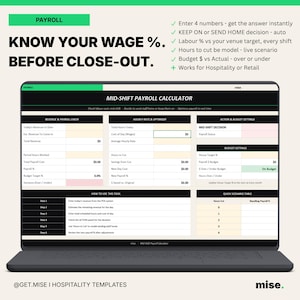 Mid-Shift Payroll Calculator for Hospitality | Real-Time Labour Cost Dashboard Excel Budgeting Tool for Restaurants & Retail Managers