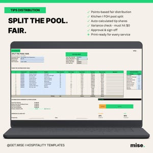 Può includere: Uno schermo di portatile che mostra un modello di foglio di calcolo digitale per la distribuzione delle mance. L'interfaccia include sezioni per dati del personale, punti, quote e un riepilogo. Testo: "TIPS DISTRIBUTION," "SPLIT THE POOL. FAIR," e "GET.MISE | HOSPITALITY TEMPLATES."