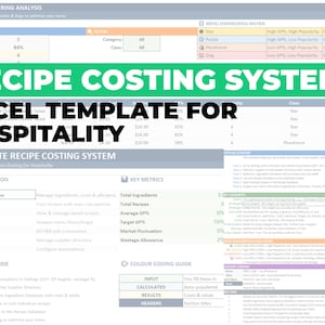 Peut inclure: Une feuille de calcul numérique intitulée "Recipe Costing System" avec le texte "Excel Template for Hospitality". L'interface comprend des sections pour les bases de données d'ingrédients, les modèles de recettes et l'ingénierie des menus, avec des guides et des indicateurs clés codés par couleur.
