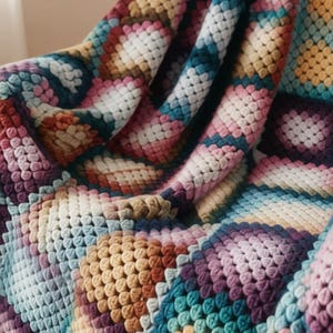 May include: A vibrant, textured crochet blanket with a geometric design. The blanket displays squares in shades of blue, pink, purple, yellow, and orange. The soft, folded fabric creates a cosy and inviting appearance.