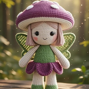 Puede incluir: Muñeca de ganchillo hecha a mano con forma de hada. La muñeca tiene un sombrero de seta con lunares blancos, alas verdes y una falda de flores moradas. La muñeca está hecha de hilo y tiene una cara sonriente.