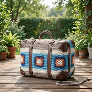 Puede incluir: Una maleta de ganchillo con asa, esquinas y correas de cuero marrón. La maleta presenta un patrón geométrico en azul, naranja y blanco. La bolsa está sobre una superficie de madera.