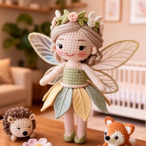 Può includere: Una bambola fata all'uncinetto con una corona floreale, una gonna a forma di foglia e ali delicate, insieme a un riccio, una volpe e fiori all'uncinetto. La fata ha un corpetto verde e una gonna con foglie gialle, verdi e blu.