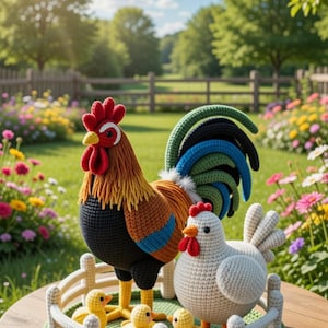 May include: A colorful crochet rooster, hen, and chicks sit on a wooden table. The rooster has red, orange, and black details. The hen is white. The chicks are yellow. A small white picket fence surrounds the family.