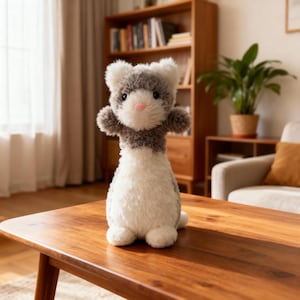 May include: A plush ferret toy with a white and gray body, pink nose, and small arms. The stuffed animal is sitting on a wooden table. The background includes a bookshelf, a plant, and a couch.