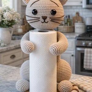 May include: A crocheted cat-shaped paper towel holder in shades of beige and brown. The cat has large black eyes, whiskers, and a striped tail. The holder is designed to hold a standard paper towel roll, adding a whimsical touch to the kitchen.