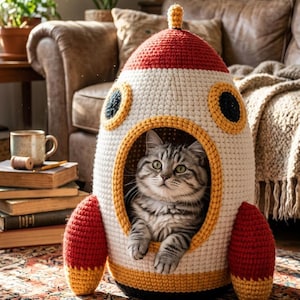 May include: A crocheted cat bed shaped like a rocket ship. The bed is white with red and yellow accents, and features a round opening where a gray tabby cat is comfortably resting. The cat bed is on a patterned rug.