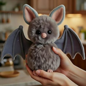 Puede incluir: Un peluche de murciélago gris con ojos grandes y oscuros, nariz y orejas rosas. El murciélago tiene alas grises y un cuerpo esponjoso. El murciélago está sostenido en las manos de alguien. El fondo está borroso, lo que sugiere un entorno interior.