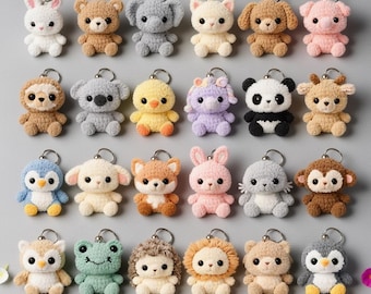 Pacchetto di 24 mini modelli di animali amigurumi all'uncinetto in formato PDF, simpatici modelli per portachiavi di animali, set di modelli all'uncinetto adatti ai principianti
