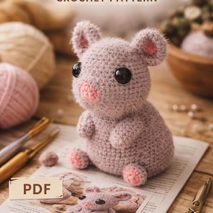 May include: A crocheted baby guinea pig in shades of gray and pink sits on a newspaper. The text "Baby Guinea Pig CROCHET PATTERN" is at the top. A small crocheted guinea pig, scissors, and crochet hooks are also visible.