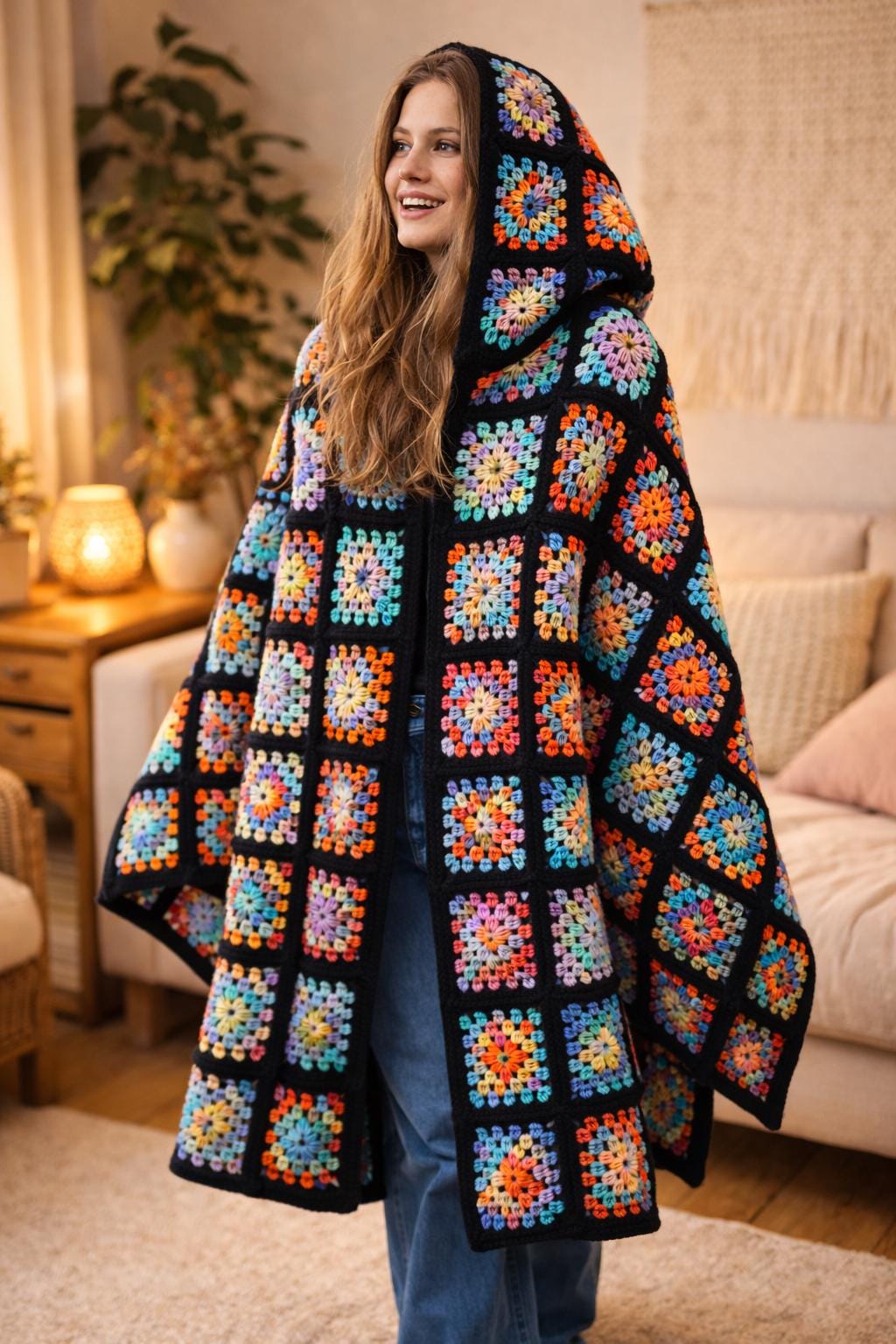 Granny Square Hooded Cloak with Festival Feel
