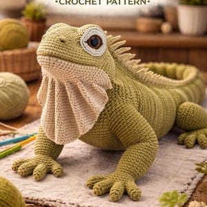 May include: A detailed crochet iguana in green and beige tones, featuring realistic scales and a distinctive frill. The text "REALISTIC IGUANA • CROCHET PATTERN •" is displayed above the iguana. The iguana is resting on a neutral-toned surface.