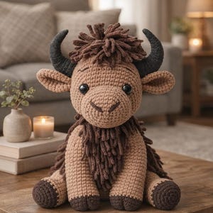May include: A crocheted bison plush toy in shades of brown and tan, with black horns and eyes. The handmade stuffed animal has a shaggy mane and is sitting on a wooden table. The background includes a couch, candles, and decorative items.